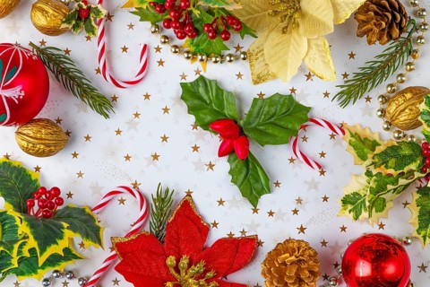 Christmas decorations, such as fir branches, baubles, nuts, poinsettia on a white background with