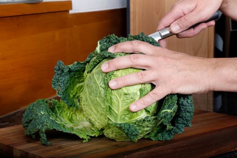 Swabian cuisine, preparation of savoy cabbage, wild boar medallions with savoy cabbage cakes,