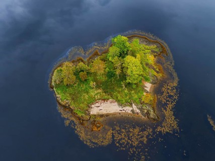 Heart-shaped island, aerial view, cloudy, autumn, Loch Leven, Scotland, Great Britain