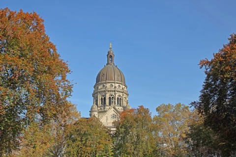 Dome of the Christuskirche in autumn, High Renaissance, Old Town, Mainz, Rhine-Hesse region,