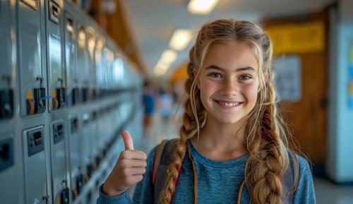 Cute caucasian school girl giving a thumbs up in the hallway of her school. generative AI, AI