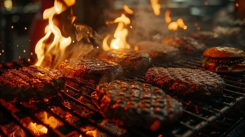 Several beef steaks sizzling on the BBQ. generative AI, AI generated