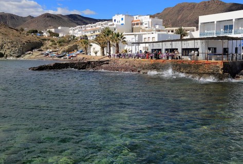 Waterside restaurant, Isleta de Moro village, Cabo de Gata natural park, Nijar, Almeria, Spain,