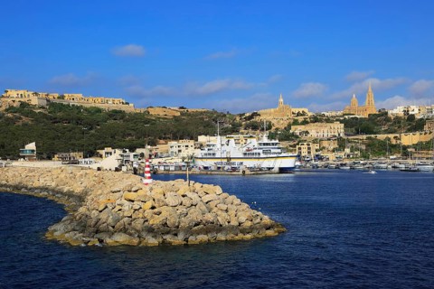 View from Gozo Channel Line ferry ship approaching port of Mgarr, Gozo, Malta, Europe