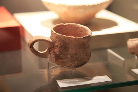 Stone cup with handle neolithic find, National Museum of Archaeology, Valletta, Malta, Europe