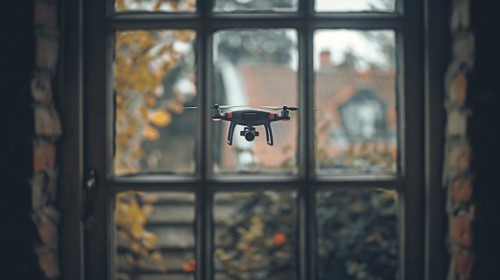 A UAV unmanned aircraft drone flying just outside the window of A house, AI generated