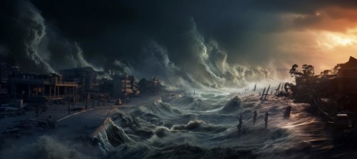 Tsunami destroys city shore, infrastructure and causing catastrophic damage and floods, AI