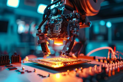 Futuristic Android robot holding advanced processor chip, a concept of big data and AI, AI