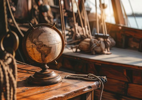 Old frigate pirate ship adventure with rustic globe navigation explores seas, AI generated