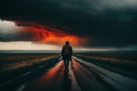 A man is walking down a road in the rain. The sky is dark and cloudy, and the man is wearing a red