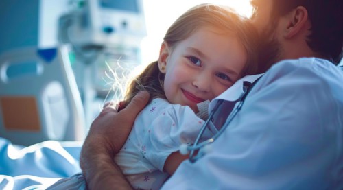 Doctor hugging little girl in hospital room. Smiling young girl being held by a doctor, AI
