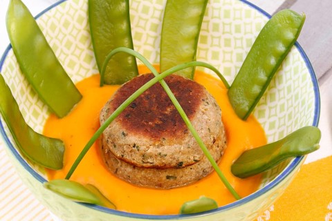 Vegetarian cuisine, walnut cakes on sugar snap peas with pumpkin sauce, sauce, vegetables, snow
