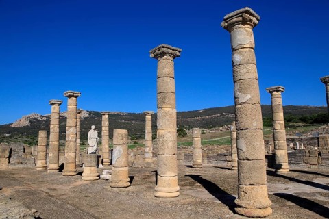 Statue of Emperor Trajan in the forum, Baelo Claudia Roman site, Cadiz Province, Spain, Europe