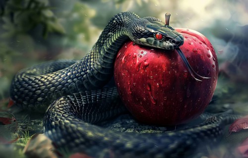 Temptation of Adam and Eve, forbidden fruit in garden of eden leads to primal sin, AI generated