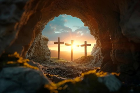 Easter concept, three crosses on Golgotha Calvary hill against a dramatic sunset seen from open