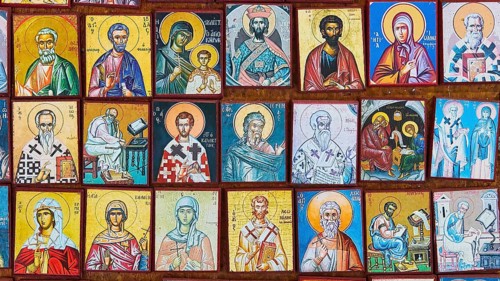Wall with various colourful Christian icons, Koroni, Byzantine fortress, nunnery, Peloponnese,