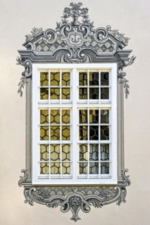 Air painting with Bavarian diamond pattern around window, Holy Cross Monastery, Old Town,