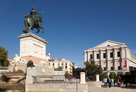 Opera House theatre, Plaza de Oriente equestrian statue King Felipe IV designed by Velazquez,