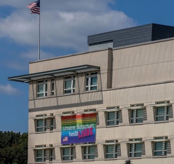 Banner with slogan, American Embassy at the Brandenburg Tor, Berlin, Germany, Europe