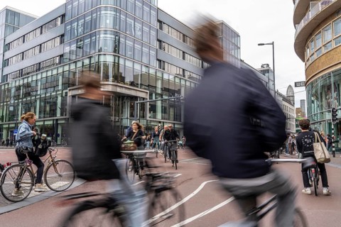 Central cycle path on the Lange Viestraat, in the centre of Utrecht, lanes for pedestrians,