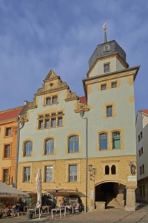 Restaurant Ratskeller, historic building with onion dome, Hauptmarkt, Gotha, Thuringia, Germany,