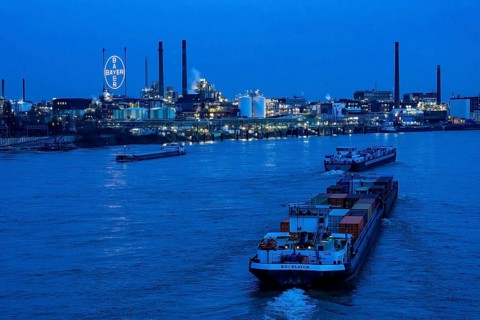 Backdrop of Chempark Leverkusen, Bayer Leverkusen, chemical park, chemical plant, river Rhine,