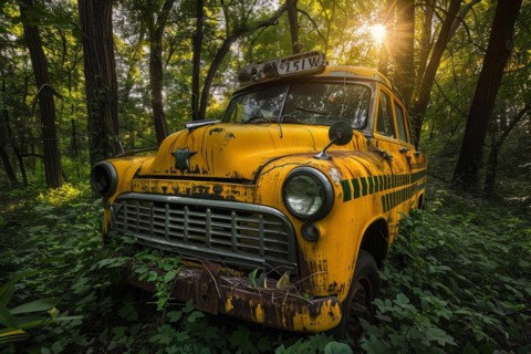 An old, weathered and dusty US-American vintage taxi car, wreck, of the Chevrolet type from the