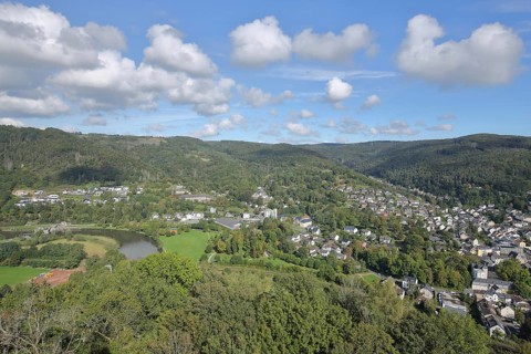 View from Nassau Castle to cityscape with Lahn valley and Westerwald, view down, aerial view, Lahn,
