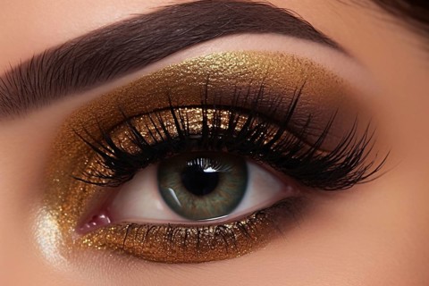 Close up of woman's eye with glittering golden eye makeup eyeshadow and long dark eyelashes. KI