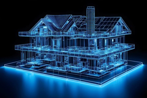 Hologram blue modern house on table, ai generated, AI generated