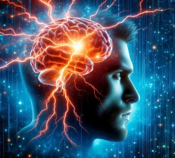 A man's brain emits flashes, symbolic image creative thinking, thought, thought flash,