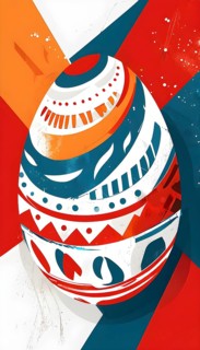 Illustration of an abstract Easter egg design with geometric patterns, bold colors, and a mix of