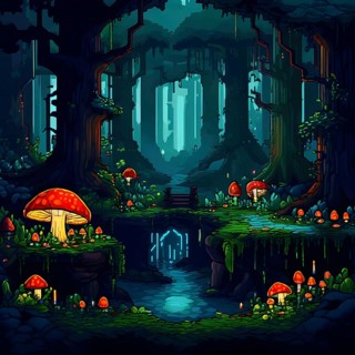 Enchanted magical forest in pixel art style with glowing mushrooms, AI generated