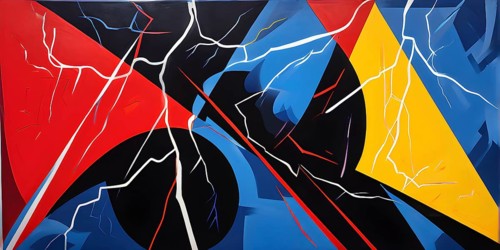 Abstract pop art comic illustration in vibrant colors with thunderbolt crackling across the canvas,