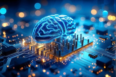 Human brain intricately interlinked with the circuits of a computer board symbolizing artificial