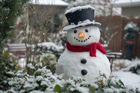 Snowman with carrot nose, scarf and top hat in garden covered in snow in winter. Generative Ai, AI