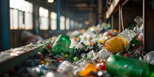 Plastic recycling process with shredded pet bottles and assorted plastic waste compressed, AI