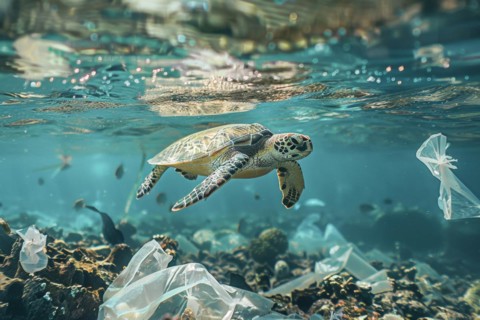 A sea turtle, hawksbill turtle dives among plastic waste, symbolic image for endangered species,