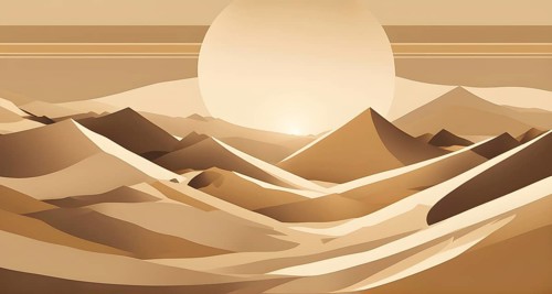 Abstract desert scene with triangular sand dunes and a single circular sun, using sharp lines and