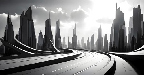 Modern city skyline using clean lines and geometric forms, with rectangular buildings and smooth,