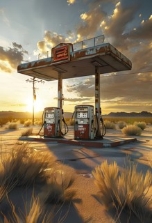 Abandoned retro gas station in the middle of a desert at sundown, with rusted gas pumps and an old