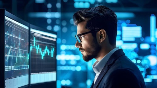 Caucasian male it specialist engaged in analyzing data for cyber security, AI generated