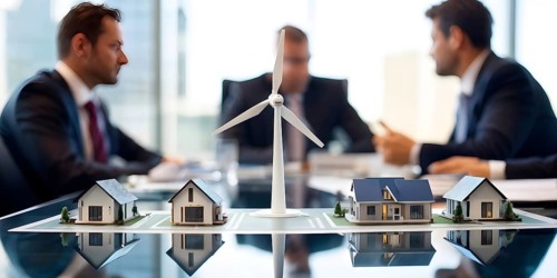 Business professionals engaged with a scale model of a wind turbine adjacent to miniature houses,