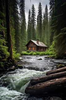 Rustic log cabin nestled in a dense evergreen forest with a river with whitewater in the