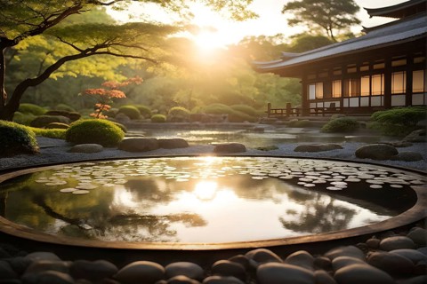 Zen garden bathed in the soft glow of dawn as a serene symbol for relaxation, AI generated