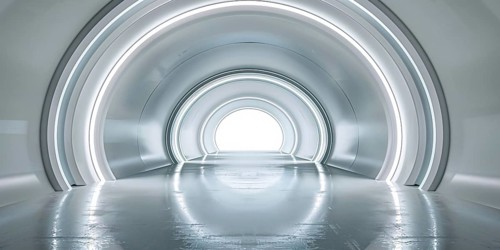 Futuristic long white hallway with arch. Generative AI, AI generated