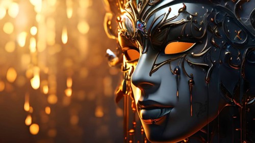 3d rendering of a mask adorned with tears suspended on a wall, AI generated