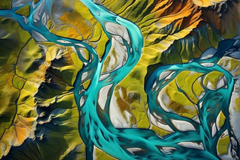 Aerial view perpendicular top down of an abstract colorful river along the coastline, AI generated