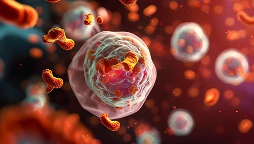 Three dimensional render of a tuberculosis bacteria in an organism, AI generated