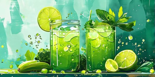 Abstract wallpaper composition with bottle of delicious green detox juice and fruits and